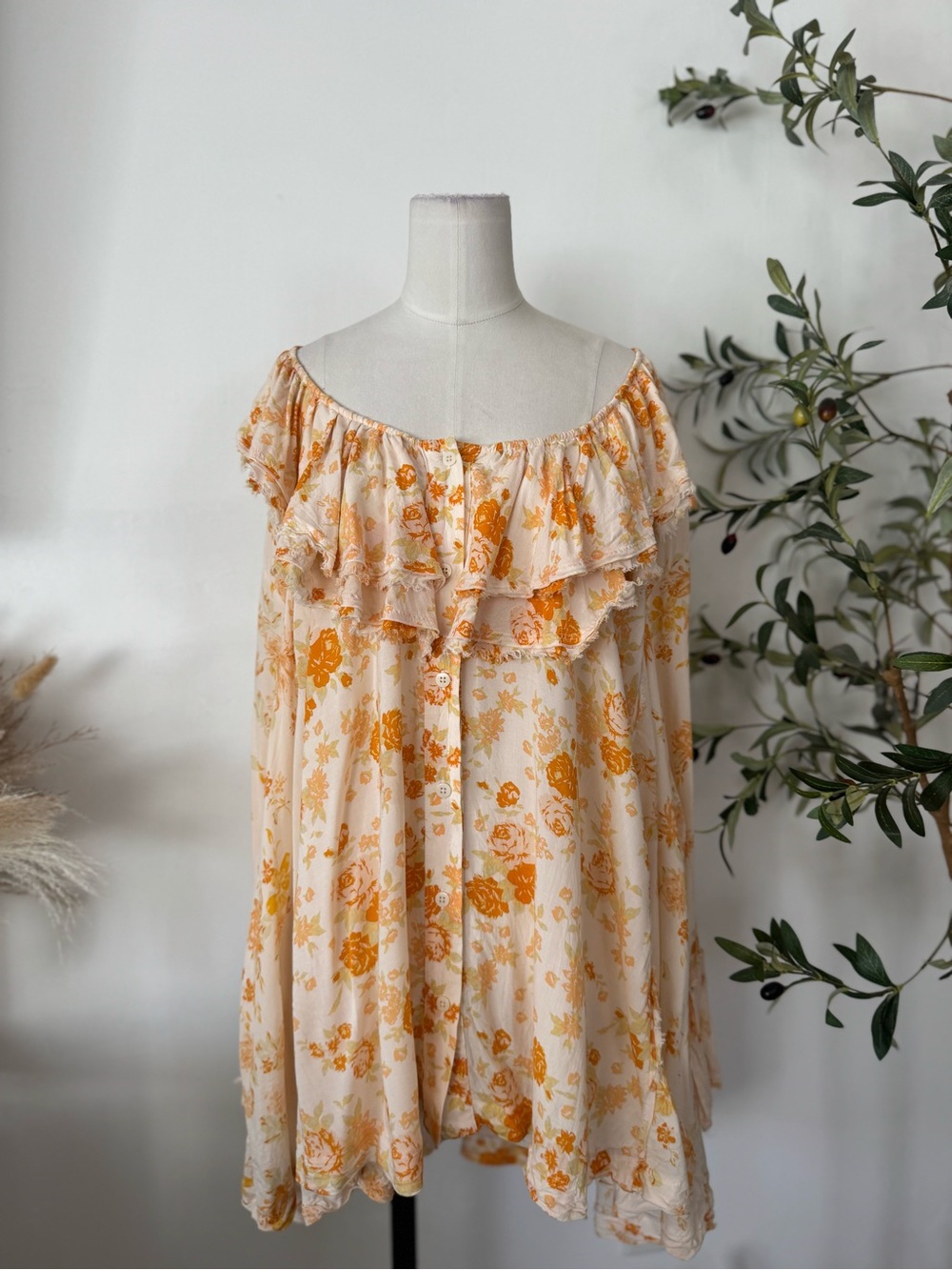Free People We The Free Orange Floral Ruffle Tunic Blouse Top Size Medium